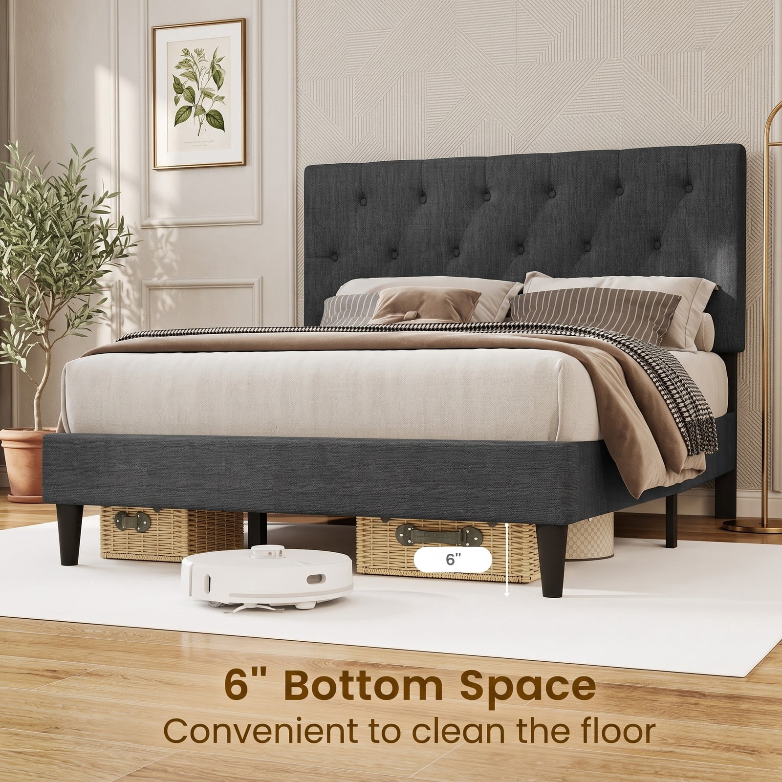 Furnibear Full Size Bed Frame Upholstered Platform Bed with Button Tufted Wingback Headboard and Wooden Slat Support for Bedroom Guest Room, Gray