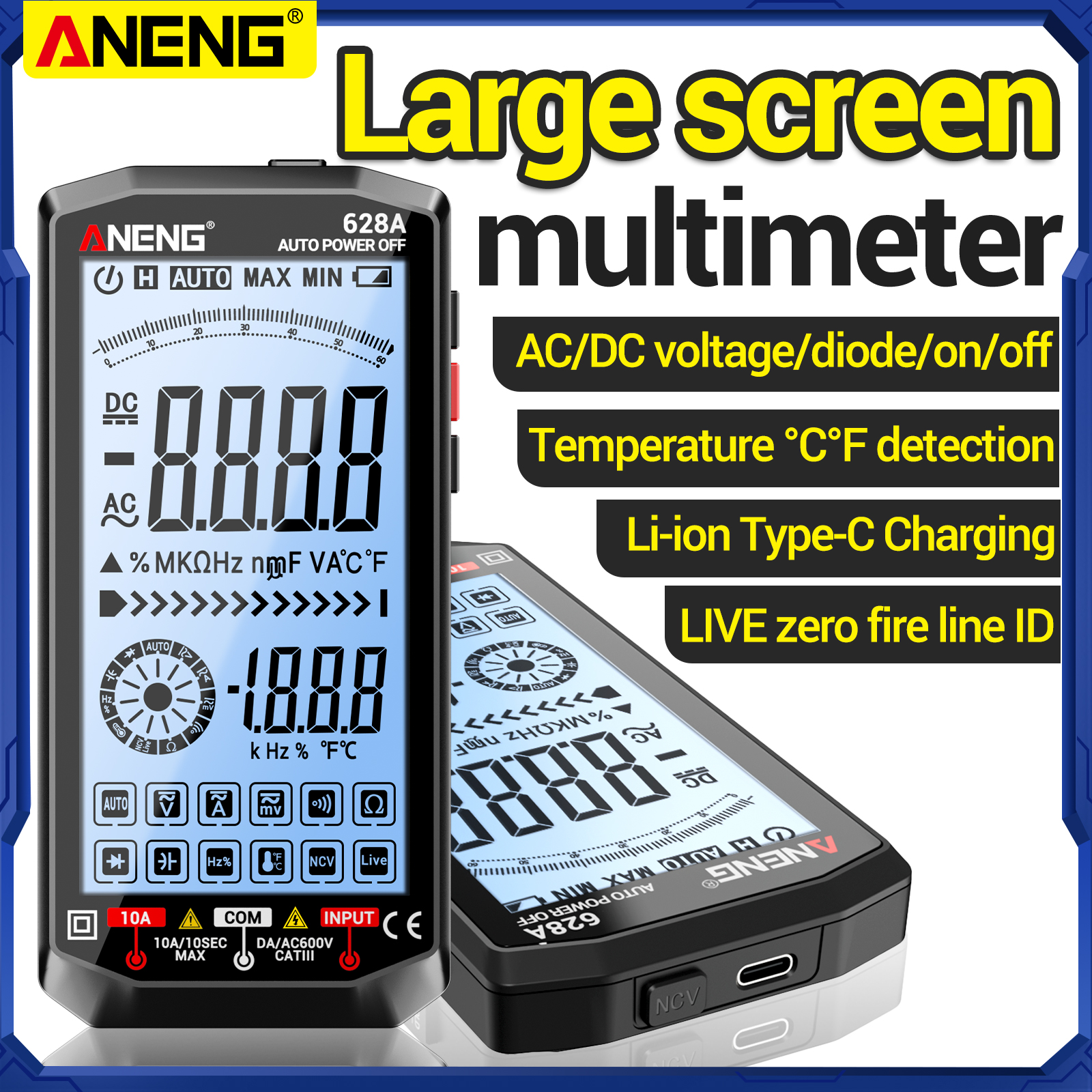 ANENG Digital Multimeter 628A 4.5" Large Backlit Screen