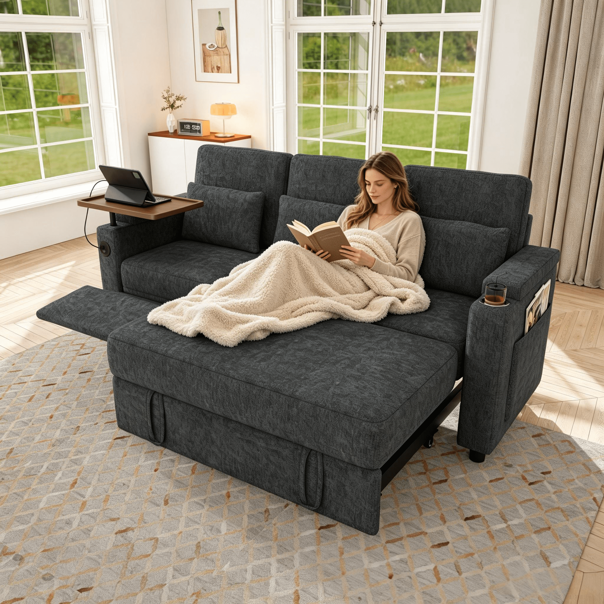 avobird 83" L Shaped Convertible Sofa Bed with Pull Out Couches, Adjustable Backrest and Seating, 3 in 1 Sleeper Sectional Sofa, Modern Chenille Sofa for Living Room, Dark Gray