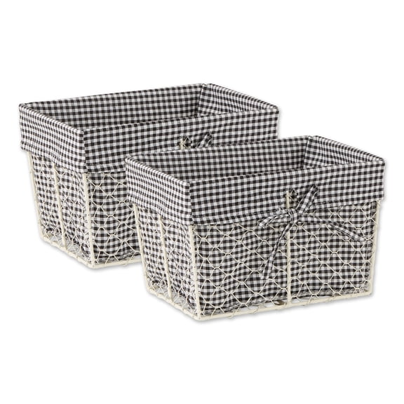 DII Chicken Wire Storage Baskets with Liner, Medium, Antique Black & White Gingham, 11x7.88x7", 2 Piece