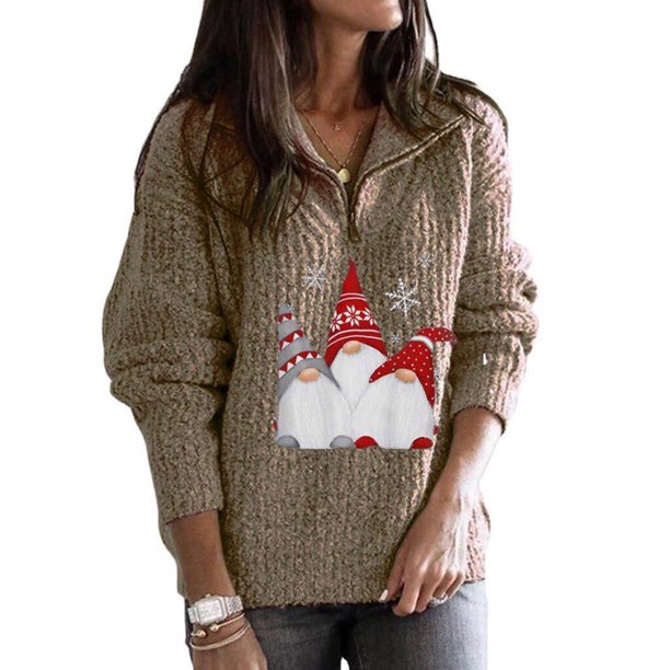 Pntutb, suéter con cuello en V de otoño e invierno para mujer, suéter de punto de manga larga con cremallera estampada de Papá Noel, suéter para mujer Pntutb Pntutb-2348