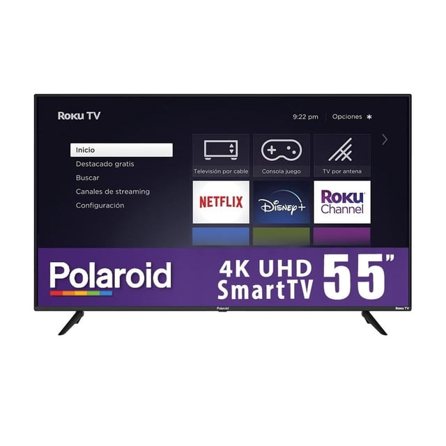 TV Polaroid 55 Pulgadas 4K Ultra HD Smart TV LED PRK55204KILED con pantalla LED negra, resolución 4K UHD para imágenes realistas y colores vivos, sistema Roku con apps como Netflix, Disney Plus y YouTube, control por voz y app móvil, sonido envolvente con diálogos claros, ajuste automático de brillo según luz ambiental, ideal para entretenimiento y audio privado con audífonos conectados al celular.
