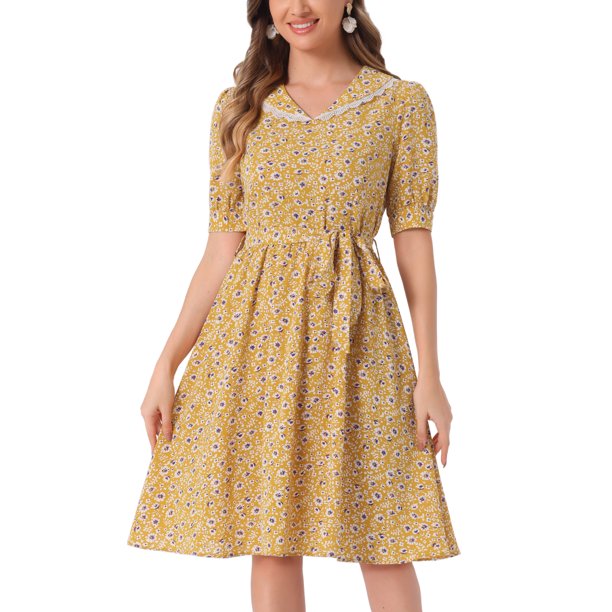 INSPIRAR CHIC Vestido Midi Floral de Manga Abullonada con Cuello Peter Pan y Cintura Alta en Amarillo