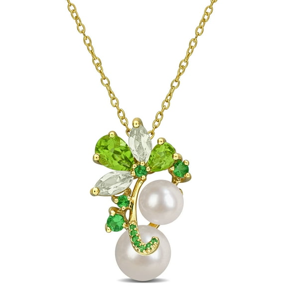Everly Women's 8-9mm Cultured Freshwater Pearl & 2 1/4ct Multi-Gem Yellow Silver Pendant with Chain
