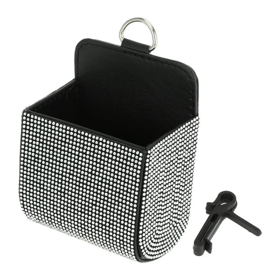 Unique Bargains Universal 3.5" Length 2.4" Width 4.7" Height Car Trash Can Hanging Trash Bin Faux Leather Rhinestones 1 Pc Black White