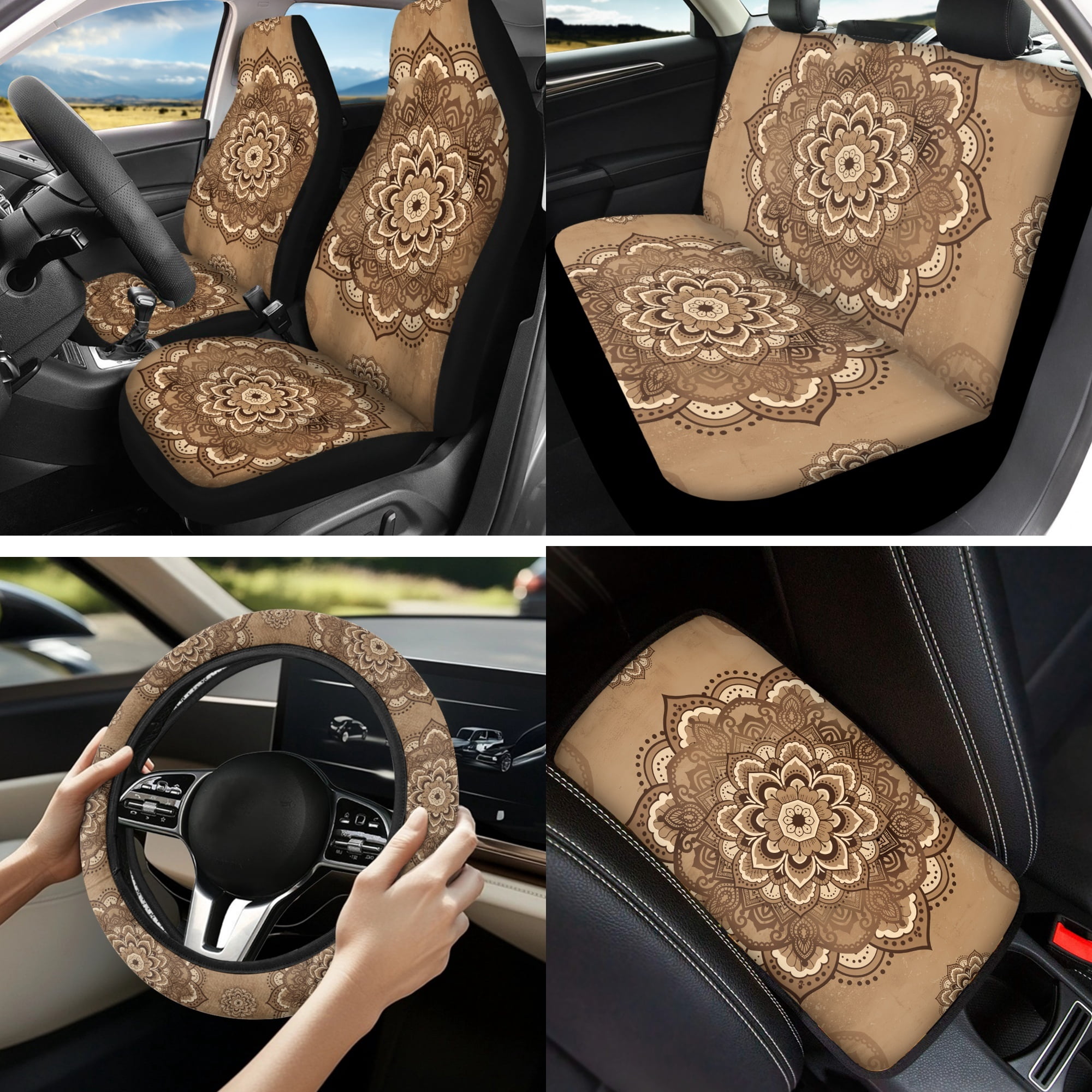 Jeiento 13 PCS Car Seat Cover Full Set, with Steering Wheel Cover Seat Belt Strap Cover Armrest Cushion Cup Coaster Keychain Lipstick Holder Auto Decor, Vintage Boho Mandala Print