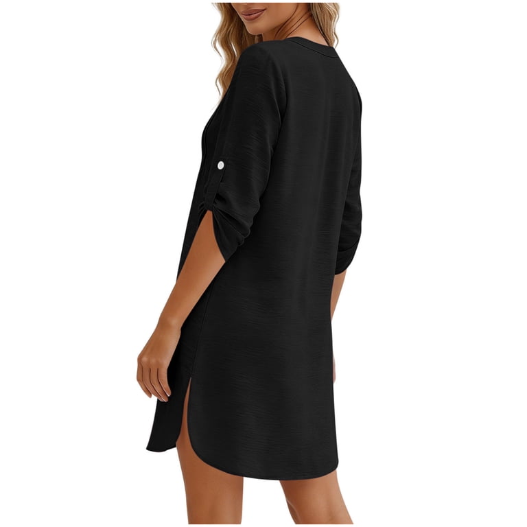 loose black mini dress Lovzfmll Button Front Rolled Sleeve Shirt Mini Dress for Women, Loose V Neck Short Sleeve Casual Vacation Dress Black, 2XL, Women's