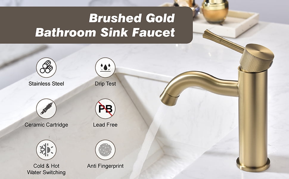 Brushed Gold Stainless Steel Single Lever Bathroom Vanity Sink Faucet with Extension Aerator for Washbasin Farmhouse Rv Vanity Lavatory  and Motorhome