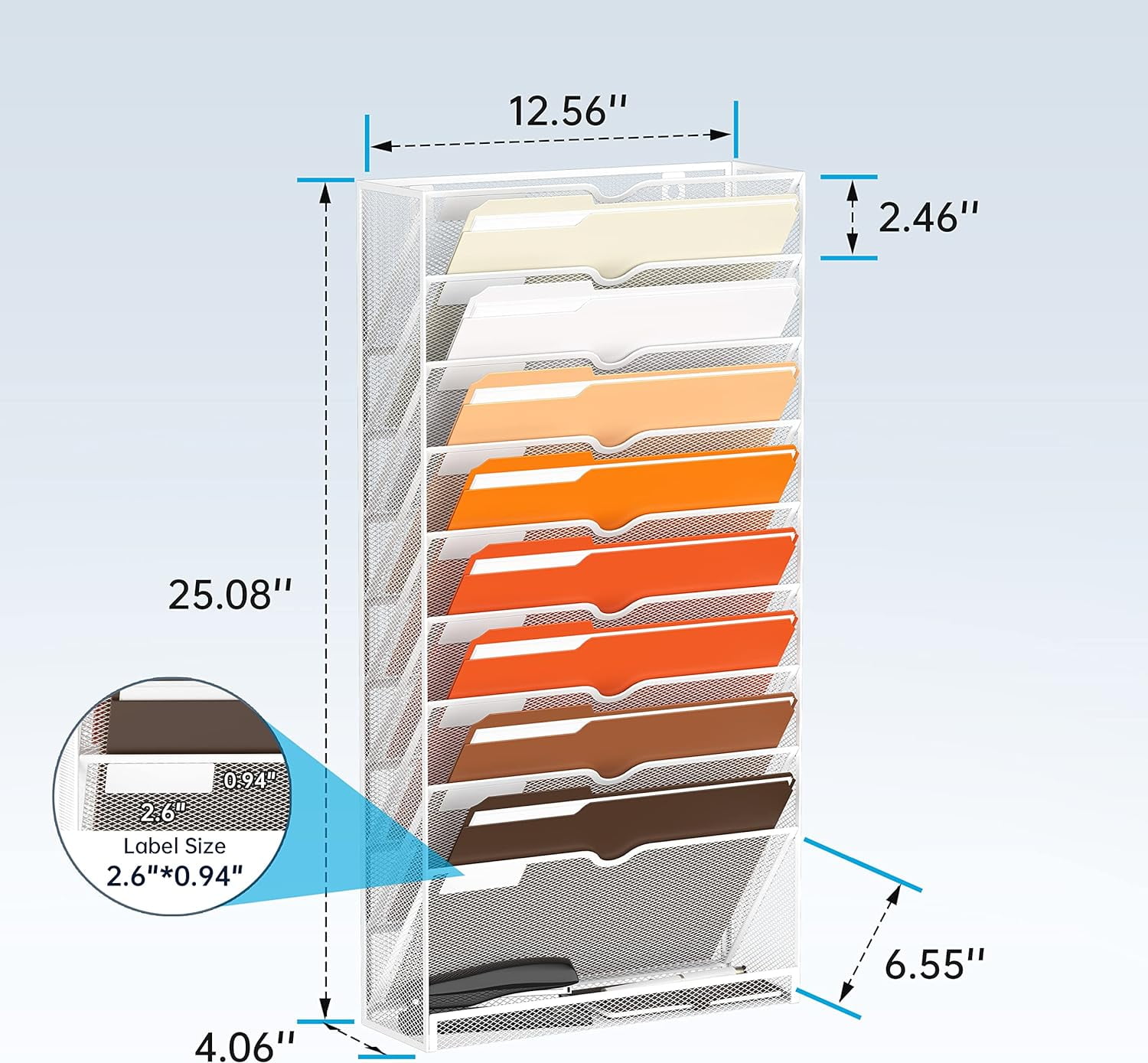 INTIGE 10-Tier Hanging Wall File Holder for Papers, Desktop Magazine Organization for Office, White