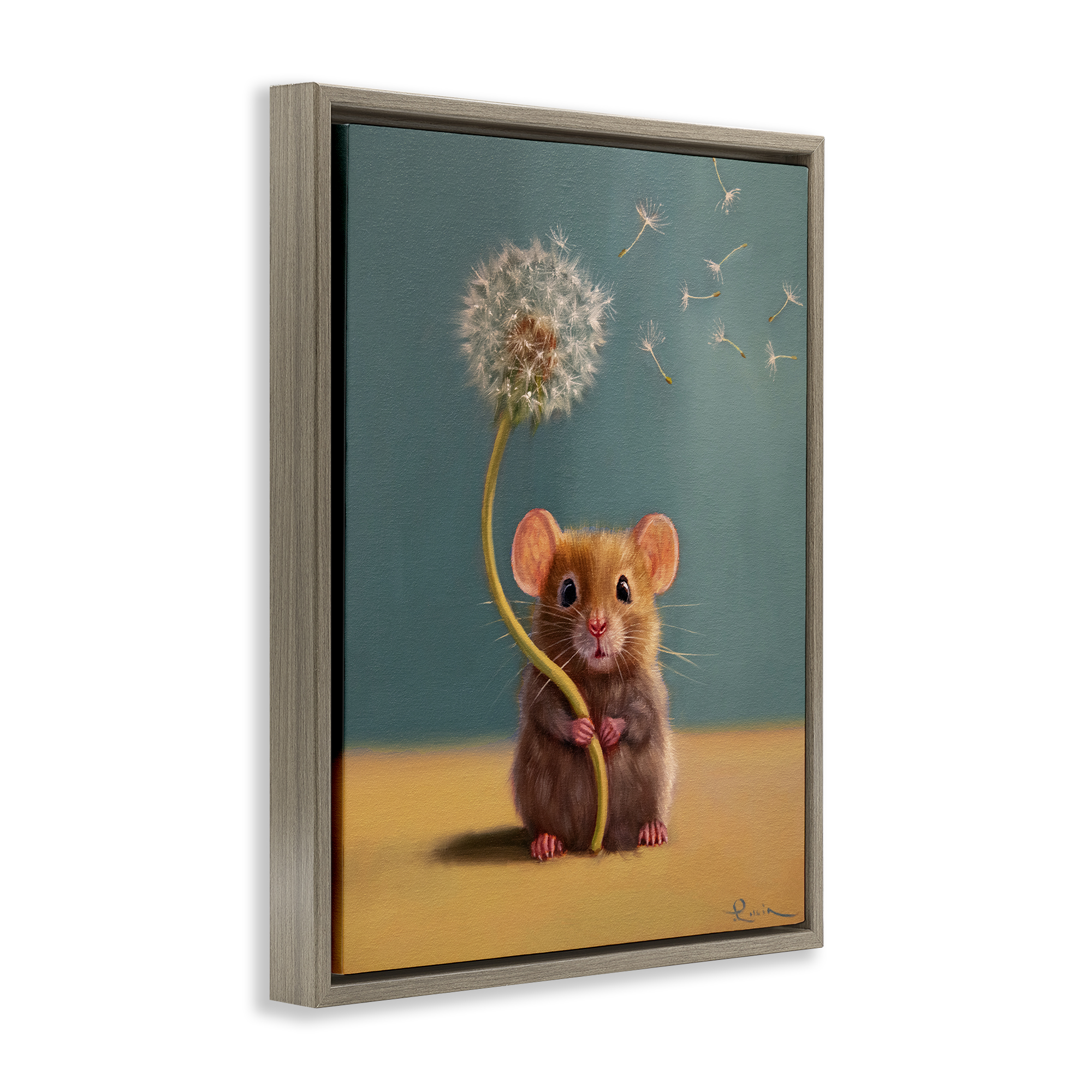 Tiny Wishes Mouse & Dandelion Brown Framed Floater Canvas Wall Art, design by Lucia Heffernan