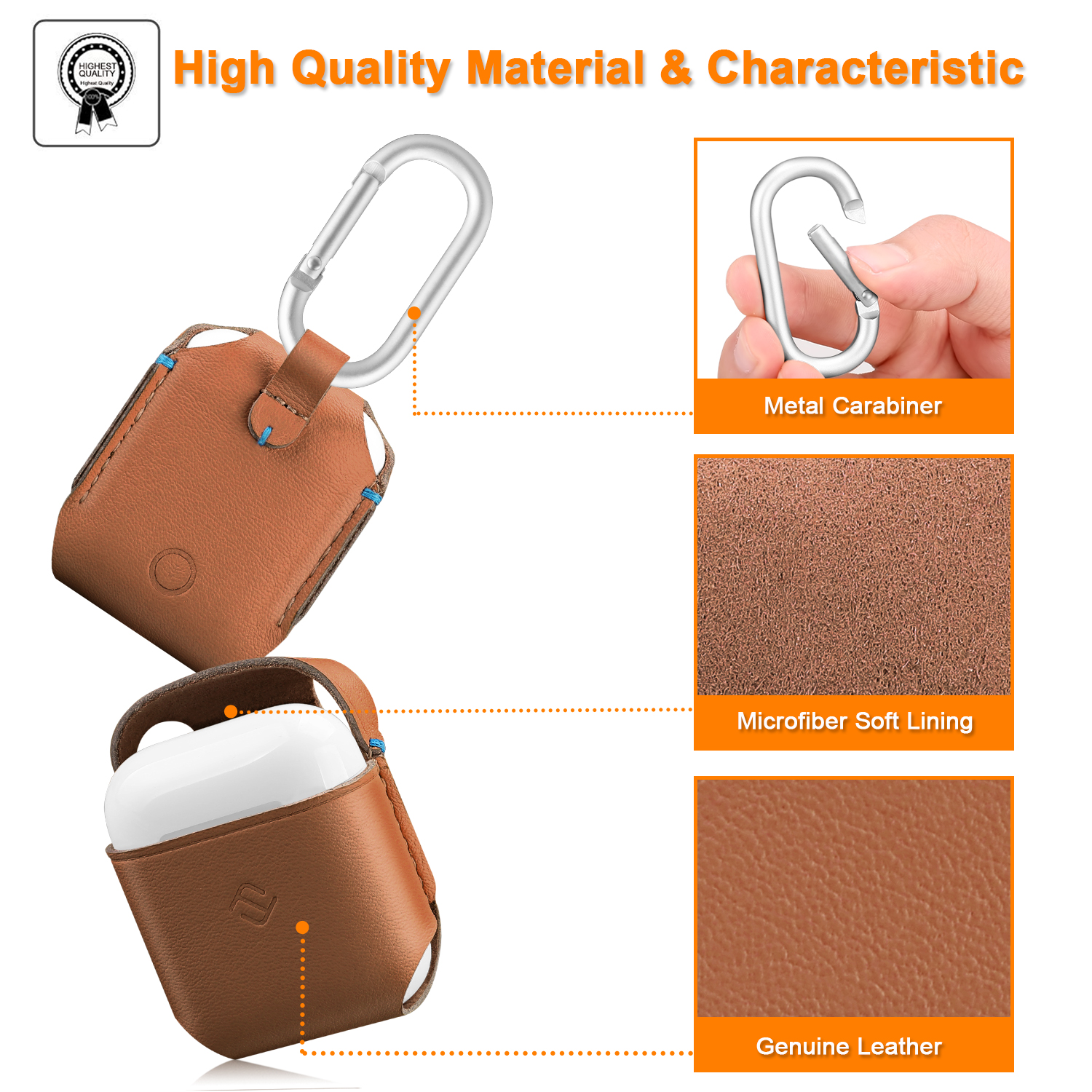 Fintie AirPods Genuine Leather Case - Protective Earbud Cover Skin with Carabiner, Brown - image 2 of 7