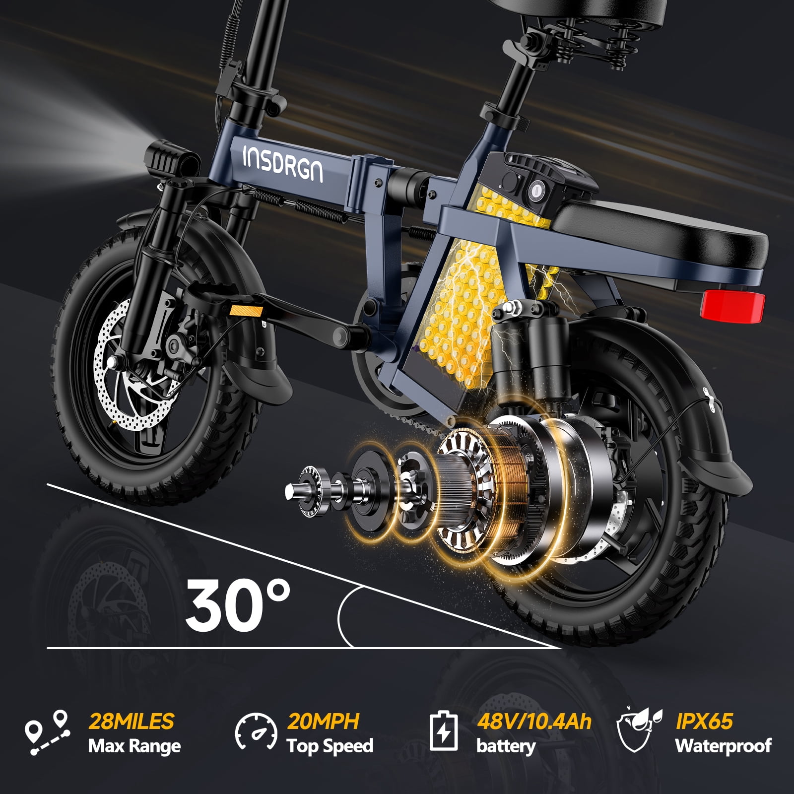 INSDRGN Folding Electric Bike for Adults Teens, 650W Peak Motor, 10.4AH 48V Battery 14" Electric Bicycles, 28 Miles Range, Mini Ebike for City Commuter, UL2849, Blue