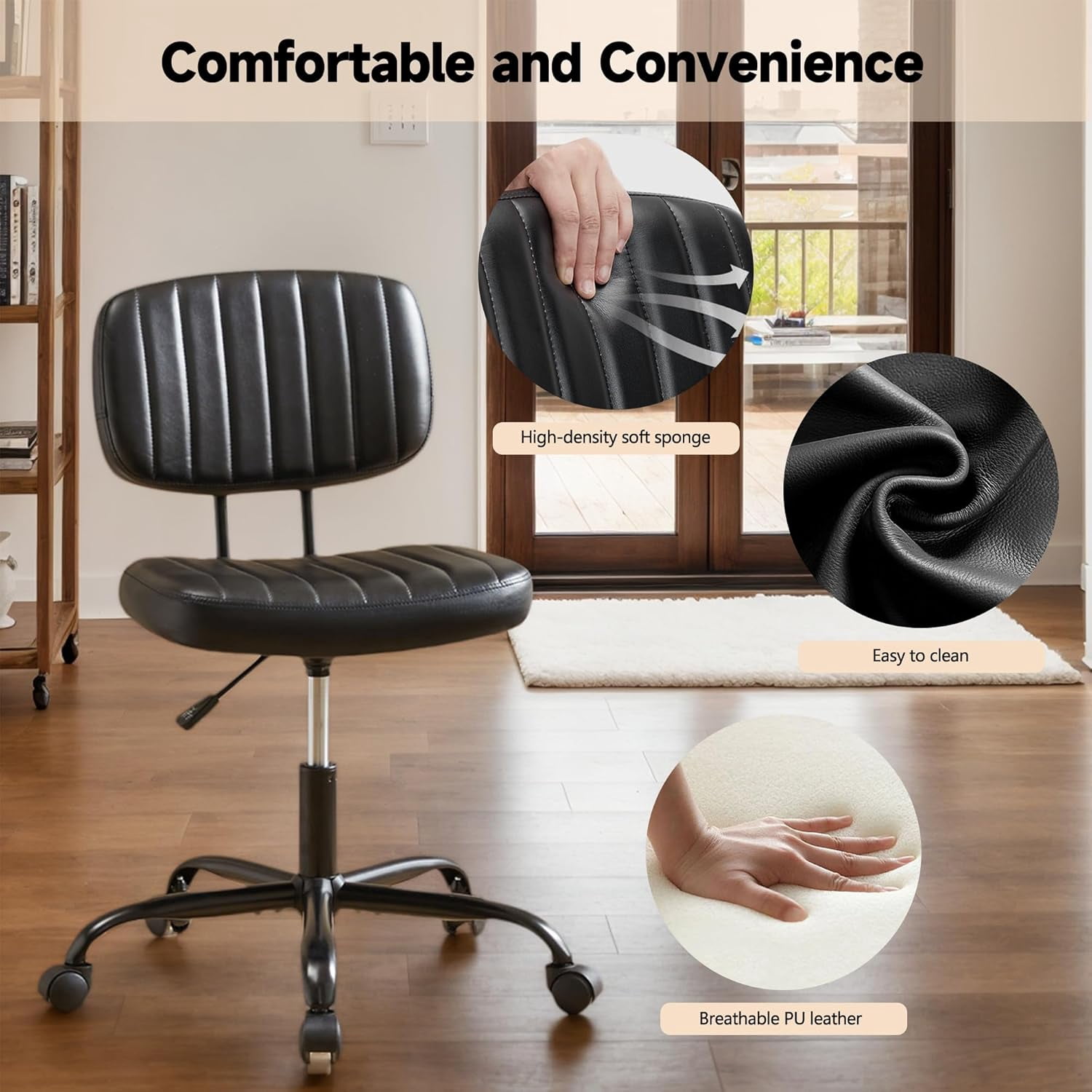 ENYLAY Small Armless Home Office Desk Chair, Ergonomic Cute Chair PU Leather with Adjustable Swivel Rolling Comfy Task Study Chair with Lumbar Support for Adult and Student, Bedroom (Black)