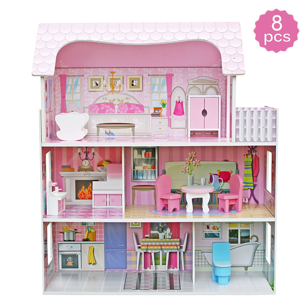 Pink Doll Cottage Dollhouse w// Furniture Kids Wooden House Playset Children Toy