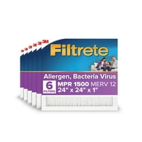 Filtrete 24x24x1 HVAC Furnace Air Filter, MPR 1500 MERV 12, Allergen, Bacteria, Virus, 6 Pack