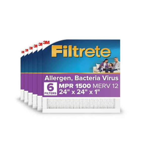 Filtrete 24x24x1 HVAC Furnace Air Filter, MPR 1500 MERV 12, Allergen, Bacteria, Virus, 6 Pack