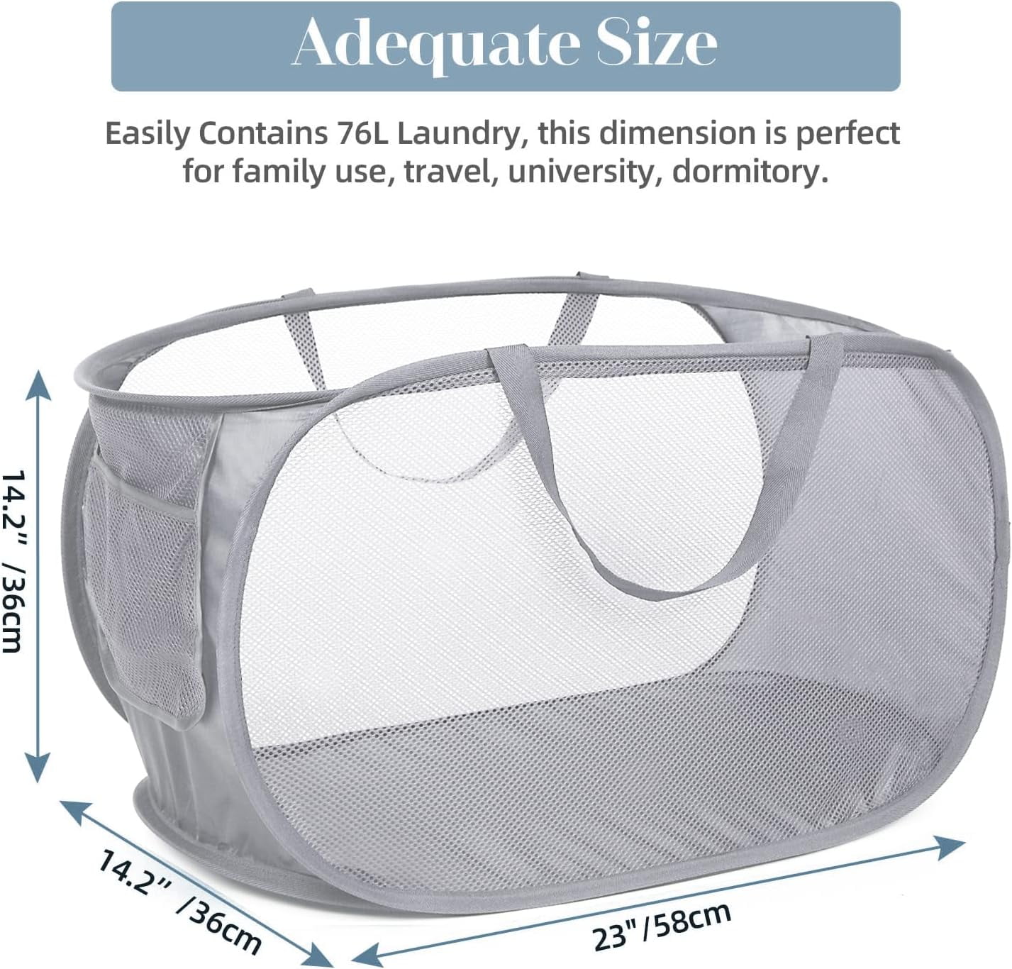 Kiibsot Strong Mesh Pop Up Laundry Basket, Collapsible Laundry Hamper with Side Pocket, Foldable Clothes Hamper with Durable Reinforced Handles for Laundry, Bathroom, Kids Room, Dorm or Travel