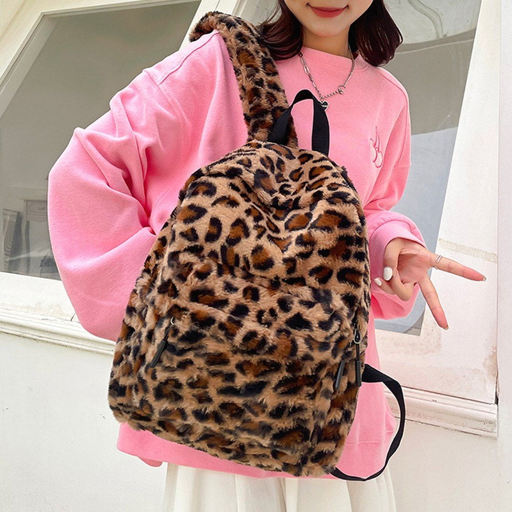 Jiibva Plush Animal Leopard Print Backpack for Women Stylish Bag Personalized Travel Shoulder Bag Bookbag Trendy Daypack Purse