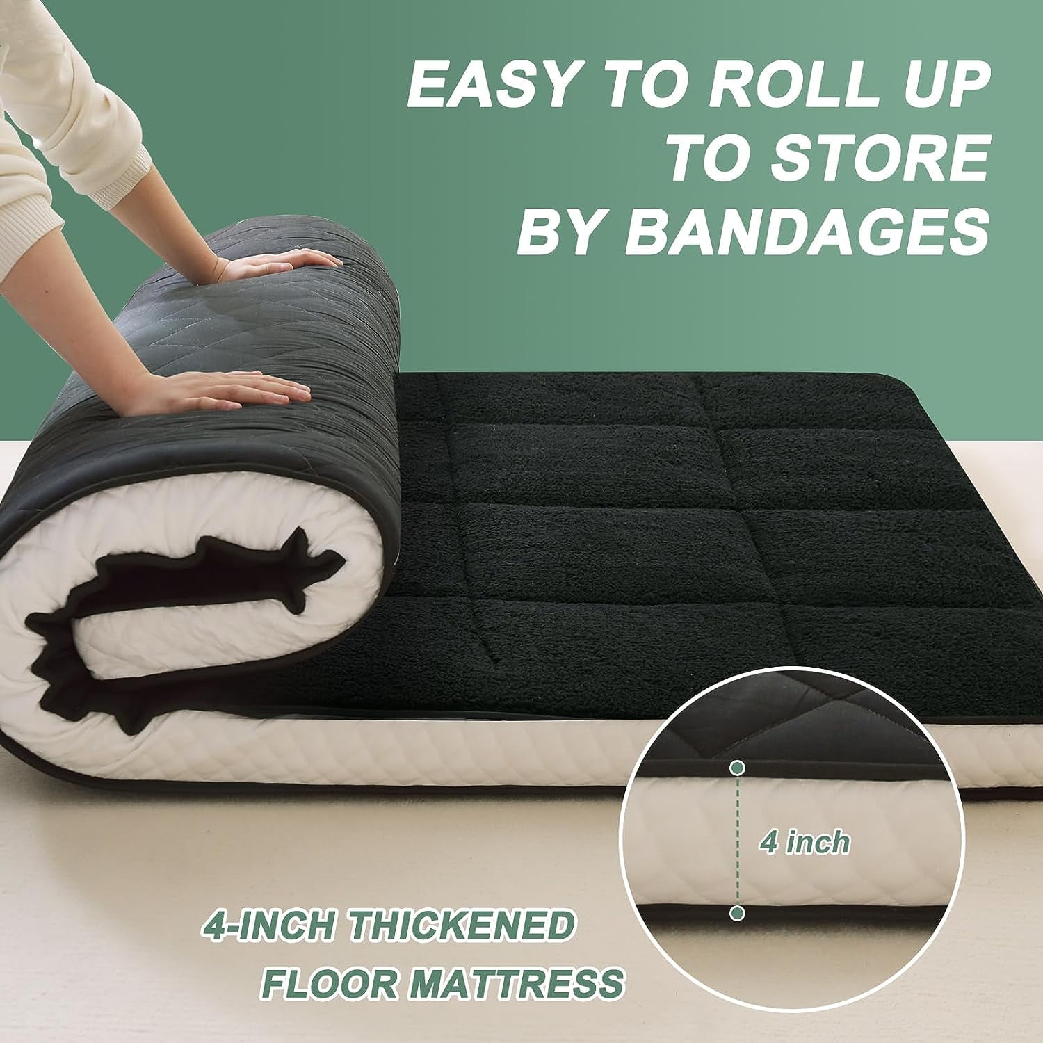 Slsy Winter Fleece Japanese Futon Floor Mattress, 4" Thick Fluffy Plush Reversible Shaggy Mattress, Cozy Sherpa Folding Roll Up Mattress, Fuzzy Faux Fur Sleeping Pad