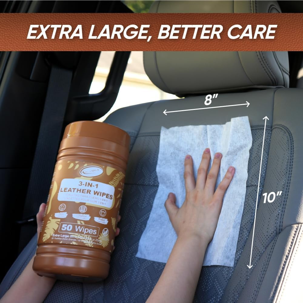 Air Jungles 3in1 Leather Wipes 50 Count (Pack of 2), Extra Large 8 x 10 inch, Clean Condition Protection for Car Interior, Furniture, Couch, Boots, Bags, Formulated with Wax and Silicon