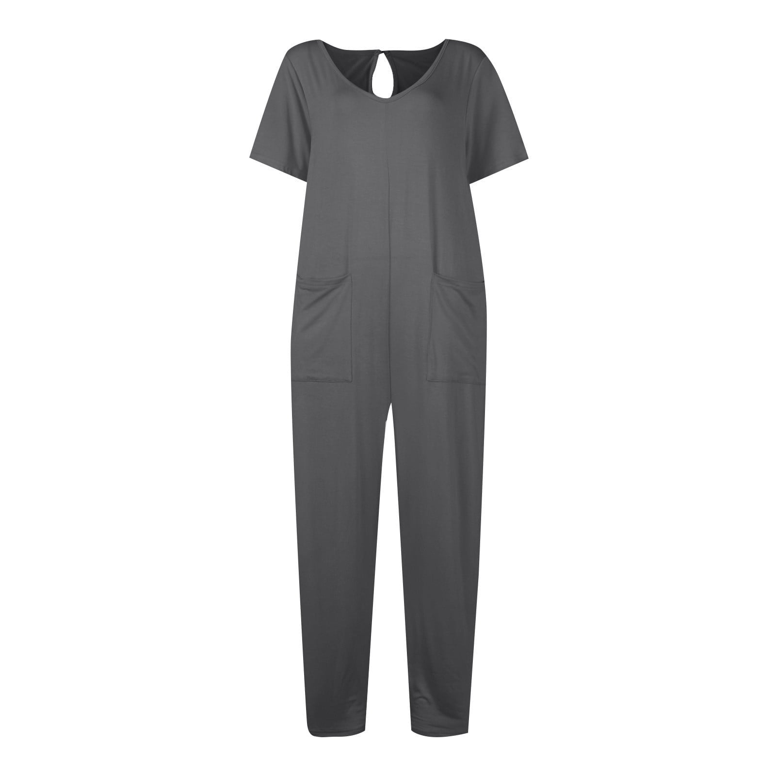 AGWOLF Adult Onesie Pajamas for Women Stretch V Neck Short Sleeve Jumpsuits Loose Fit Solid Ankle Length Pants Summer Rompers with Pockets Soft Sleepwear Homewear One Piece Gray XXL