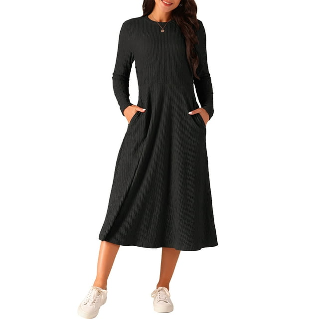 Vestidos de Otoño para Mujeres INSPIRE CHIC de Manga Larga, Cuello Redondo, Tejido A-Line, Casual, Midi, XL Negro