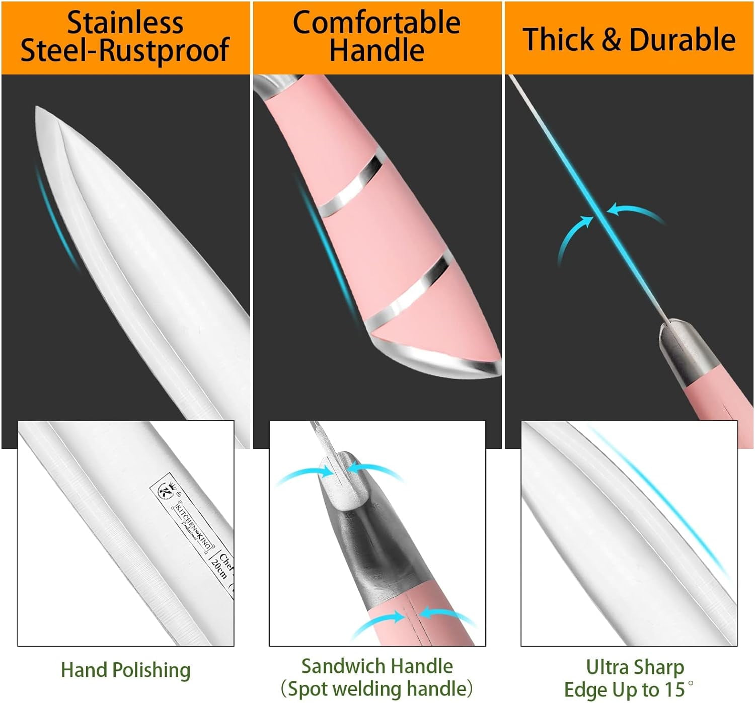 Kitchen Knife Set, 9-Pieces Pink Sharp Non-Stick Coated Chef Knives Block Set, Stainless Steel Knife Set for Kitchen with Sharpener for Cutting Slicing Dicing Chopping