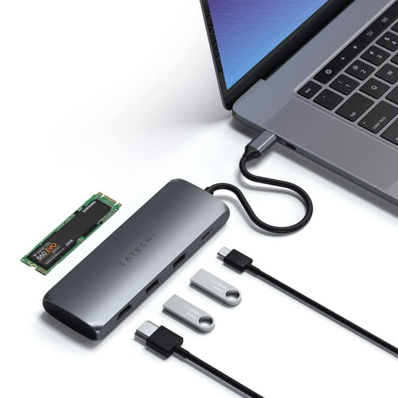 Adaptador Multipuertos Híbrido USB-C SATECHI Gris Espacial con Puertos M.2 SATA SSD y HDMI 4K 60Hz multicolor
