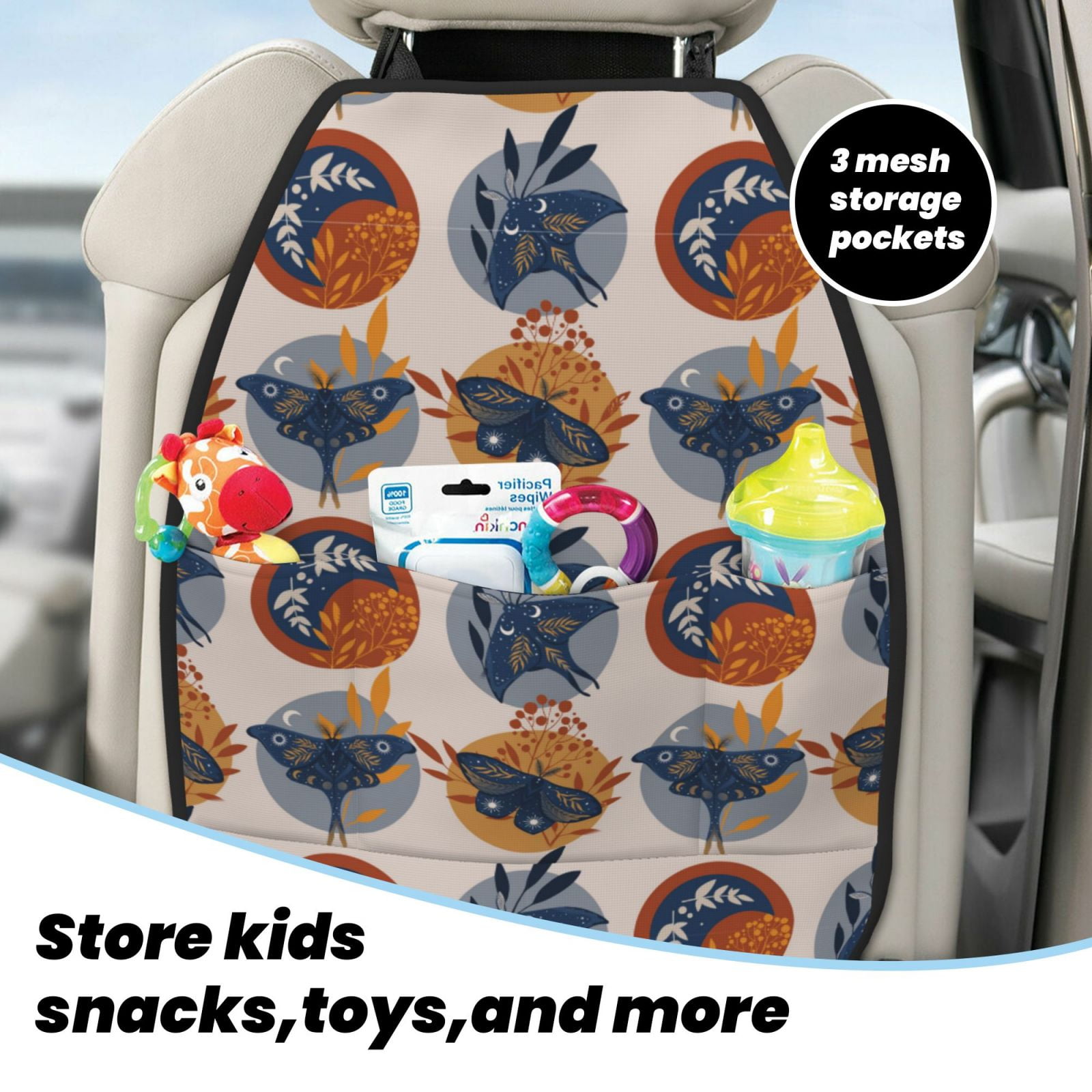 Kdxio Vintage Botanical Butterfly Art Print 2 Pack Car Kick Mat Seat Cover Back Protector Mat with Pockets for Organizer Backseat Protector and Storage Anti Kick Pad for Vehicles