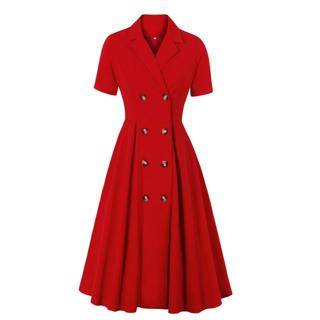 LOVZFMLL Women's Short Sleeve V-Neck Lapel Solid Color Formal Wear High Waist Button Makings Dress Red 2XL