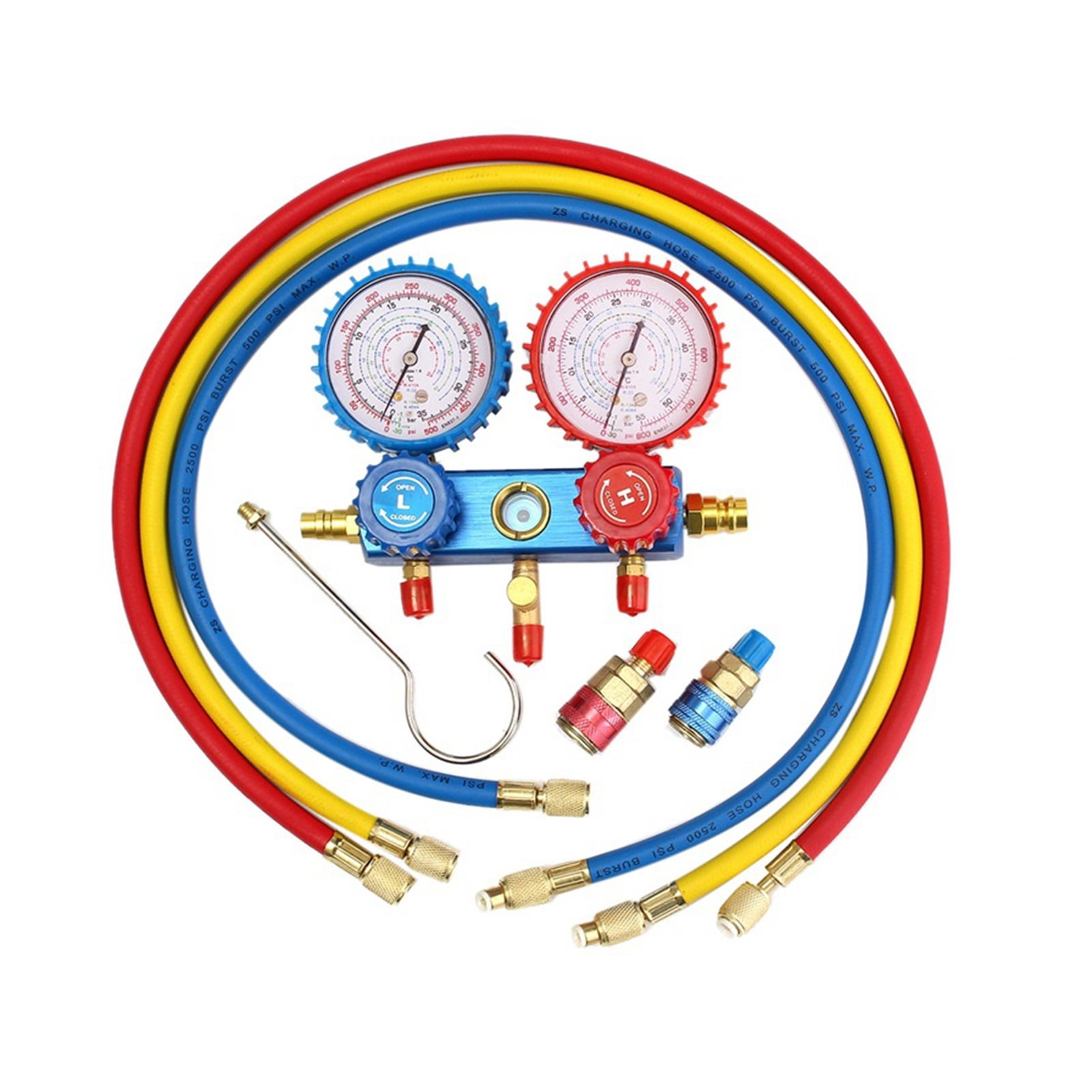 3 Way AC Manifold Gauge Set High/Low Pressure R12 R22 R134A R410A Refrigerant Gauge With 5ft Hoses For Car Air Conditioning