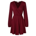thumbnail image 3 of Furvclv Women Long Puff Sleeve Mini Dress Deep V Neck Solid A-Line Party Casual Dress, 3 of 9