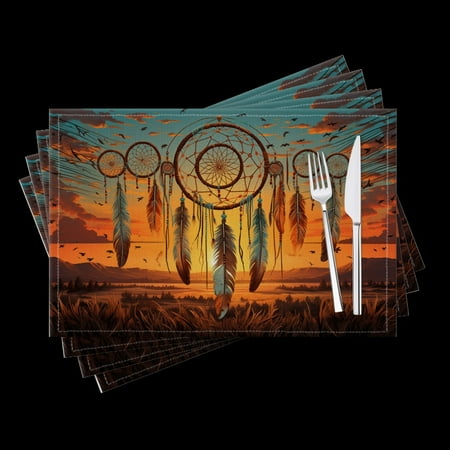 

BaHomeck placemats Set of 4 Dreamcatcher With Six Arms Each Adorned With Feathers Cotton Linen rectangle Placemats for Kitchen Dining Table Indoor Outdoor 18*12inch