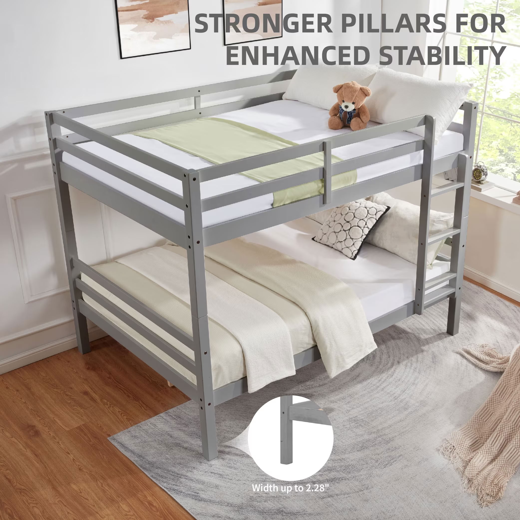 MAYEERTY Full over Full Bunk Bed with Thick Posts, Solid Wood Bed Frame with High Guardrail and Ladder, for Kids Teens Dorm Rooms, No Box Spring Needed