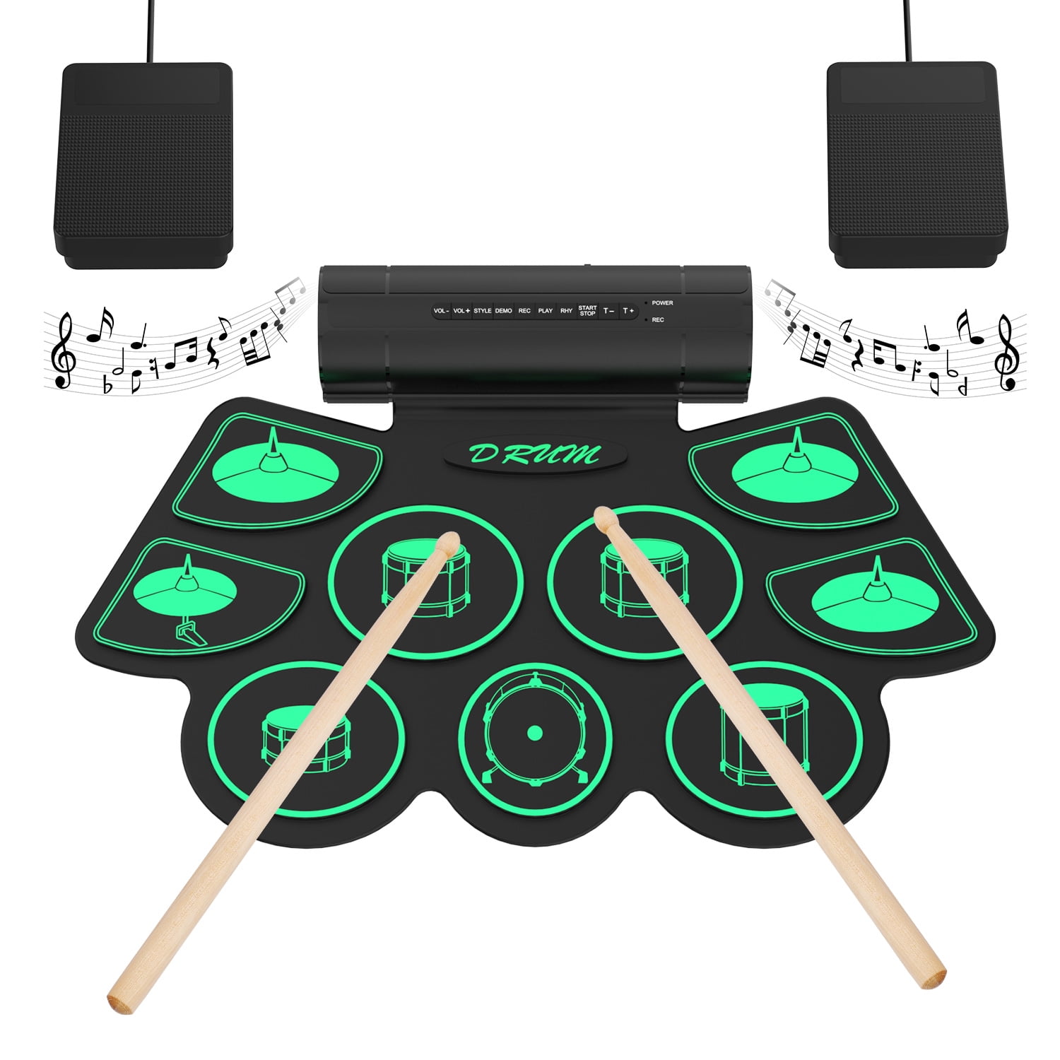 Best Gift for Beginners Practice Roll Up Drum Practice Pad Portable Drum Kit with Headphone Jack Built in Speaker and Battery Drum Stick Drum Pedals 9 Pads Electronic Drum Set 