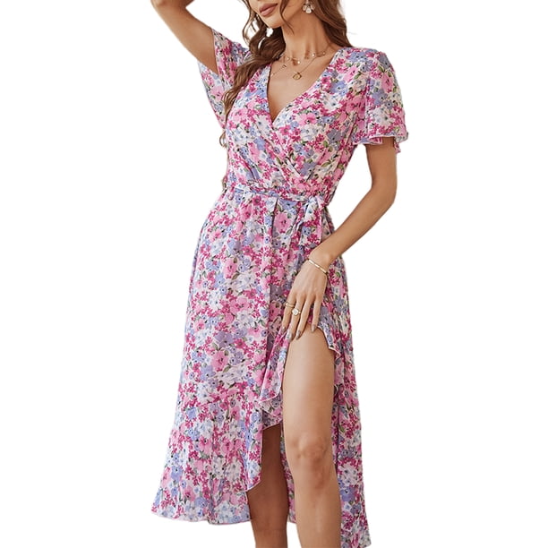 Txlixc Vestido sin mangas para mujer con cinturón ajustable, ropa dividida floral Txlixc Moda