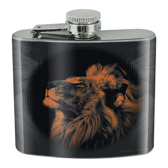 Lion Wearing Headphones Music Stainless Steel 5oz Hip Drink Kidney Flask