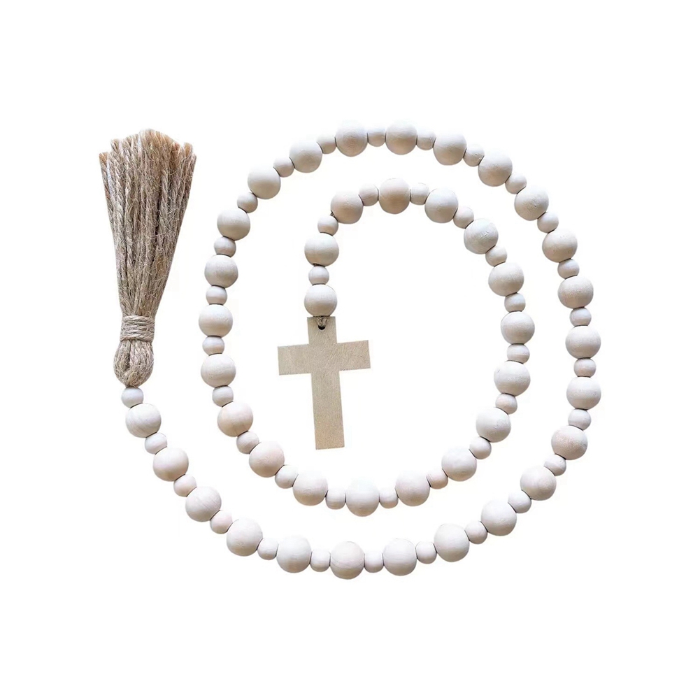 Wood Bead Garland with Blessed Cross,Cross Bead Garland with Tassel