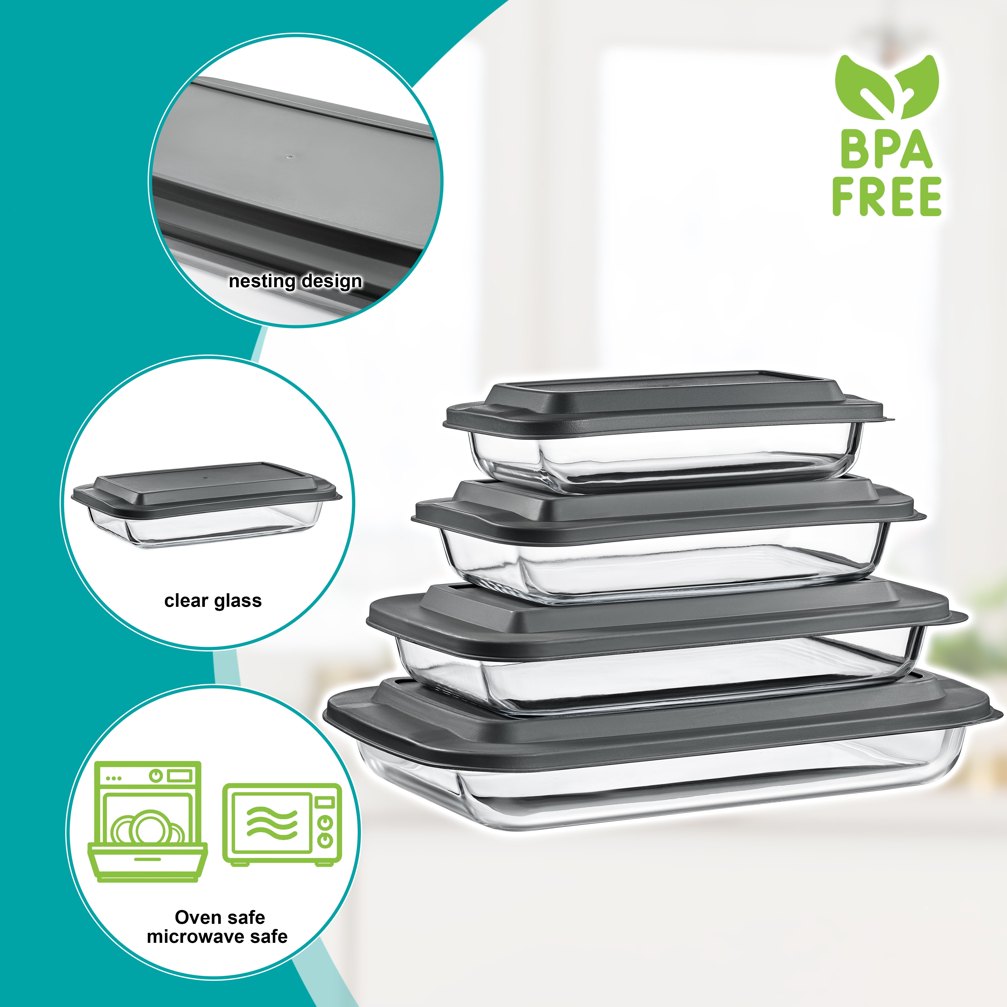 Sorbus 8-Piece Deep Glass Baking Dish Set with Lids - Versatile, Durable, Oven-Safe, & Dishwasher-Safe for Easy Baking, Storing, & Serving