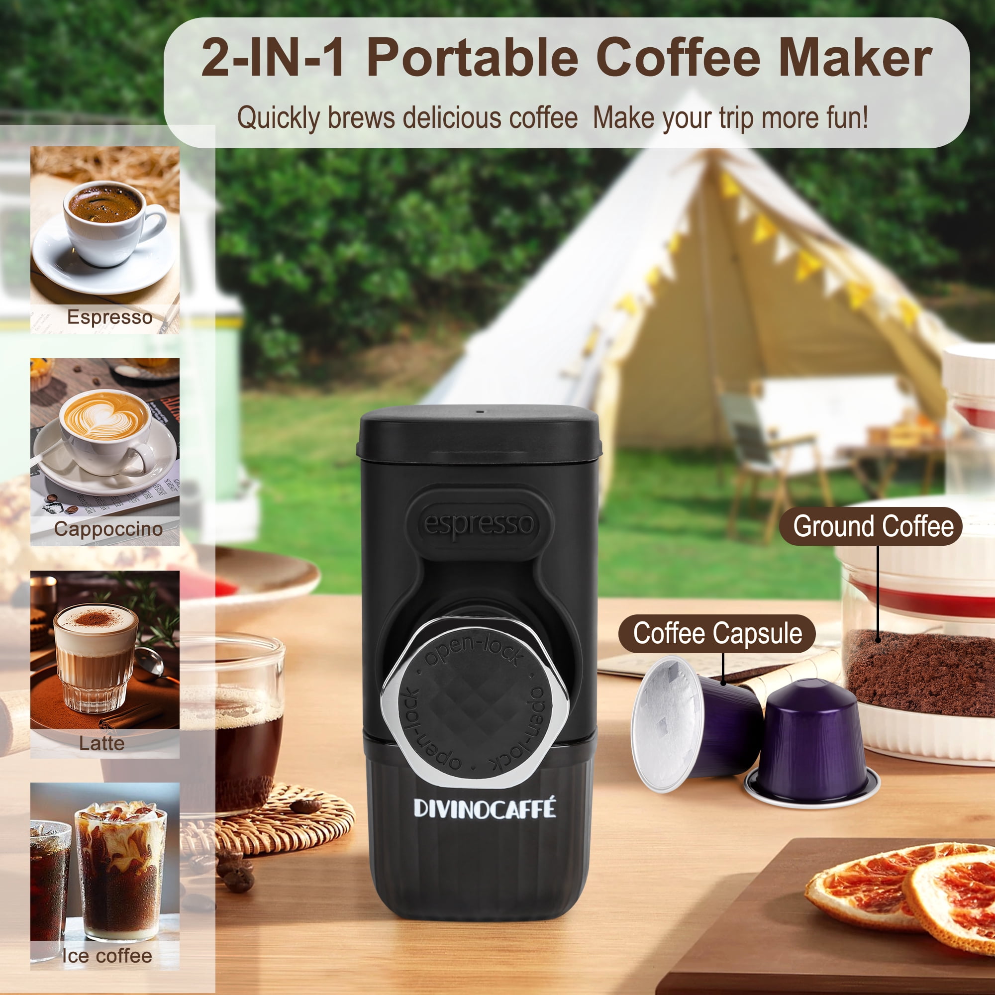 Portable Mini Espresso Machine, Compatible for Capsules and Coffee Powder, 18 Bar Pressure, Manual Operation, Essential for Camping Trips