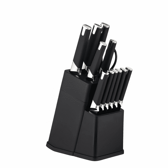 HEESEM 13 Pcs Kitchen Knife Set with Block and Sharpener High Carbon Stainless Steel Knife Set - Black