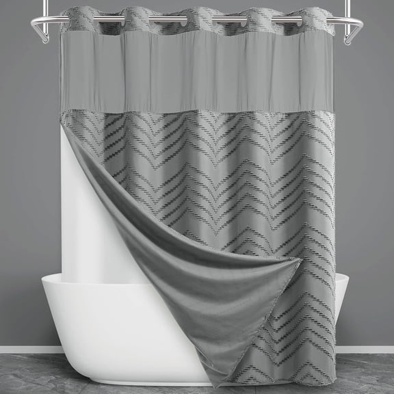 Grey Chevron Tufted Shower Curtain with Built-In Hooks, 71x77 Modern Boho Bathroom Curtain Set with Snap-On Liner, Waterproof & Machine Washable Fabric