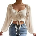 thumbnail image 3 of Women Tops Puff Sleeve Close-Fitting Drawstring V-Neck Hot Tee Shirts, 3 of 9