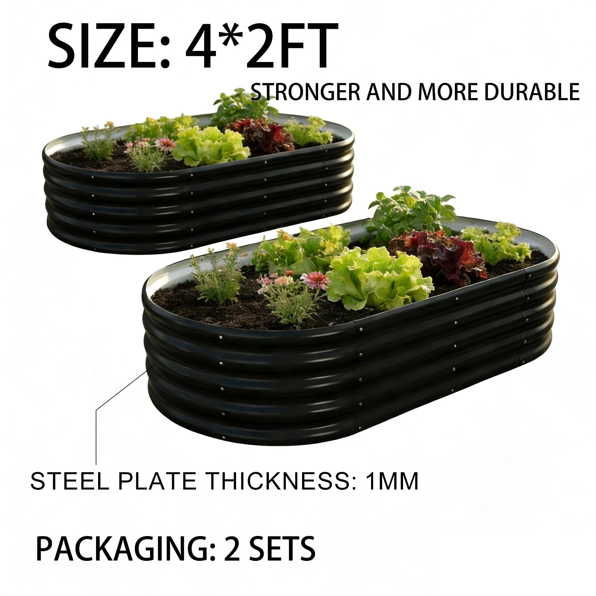 LIALEX 2 Sets Black Galvanized Raised Garden Bed 4 by 2 Feet Oval Lightweight Metal Planter Boxes Outdoor with Easy Assembly, Rust Resistant