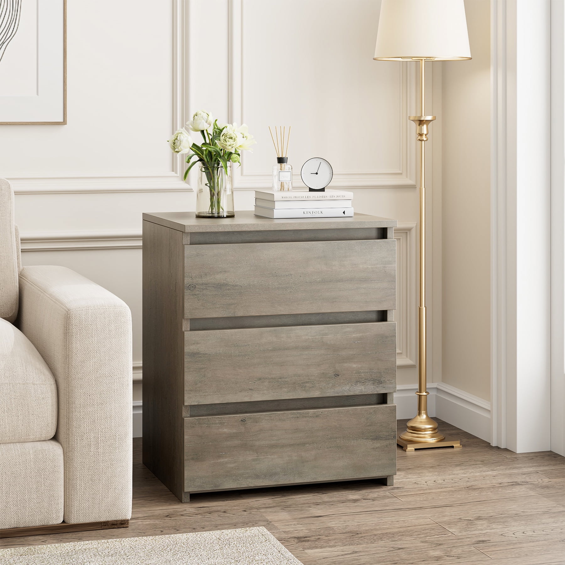 Homfa 3 Drawers Nightstand Set of 2, Small Sofa Table, Wooden Storage Cabinet for Living Room, Gray Finish