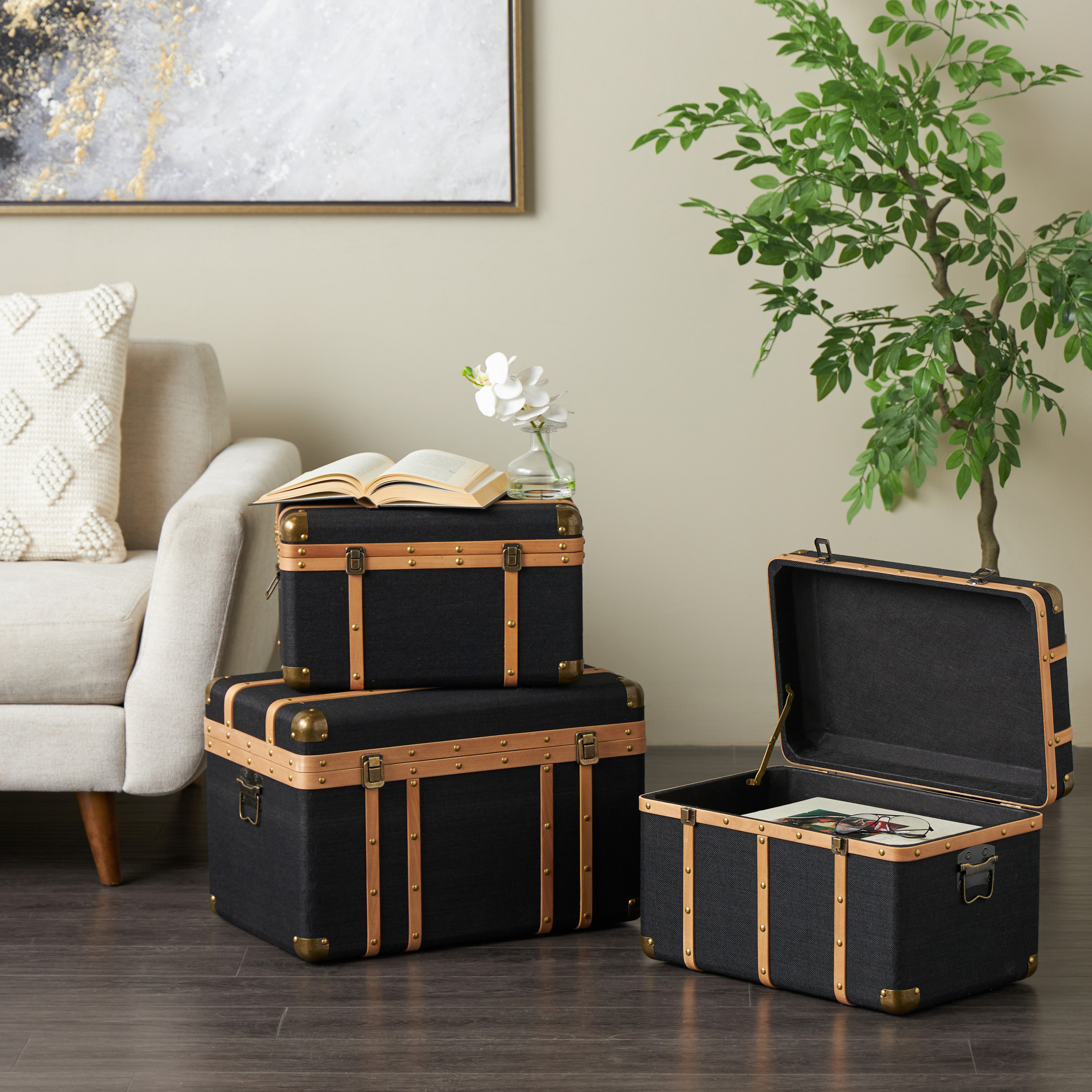 DecMode 22" x 14" Black Fabric Trunk with Brass Metal Latches and Brown Wooden Accents, 3-Pieces