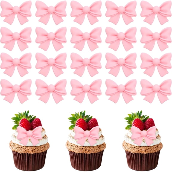 20 Pcs Pink Bow Cupcake Decorations, Resin Bowknot Cake Toppers Birthday Engagement Theme Party Decoration for DIY Art Crafts, Wedding, Baby Shower,