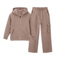 thumbnail image 5 of Glisme Girls Outfit Set Solid Color Zip Long Sleeve Hooded Tops With Pocket Pants Outfit Quick Dry Girls Set Size 9-10 Years Khaki, 5 of 5