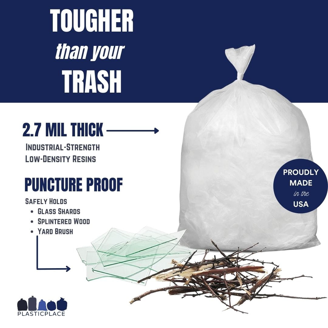 Plasticplace 65 Gallon Trash Bags , Clear Heavy Duty Garbage Bags Liners , 50” x 48” , 25 Count , Tear & Leak-Proof , Industrial Strength for Outdoor, Commercial & Residential Use Trashbags 2.7 Mil