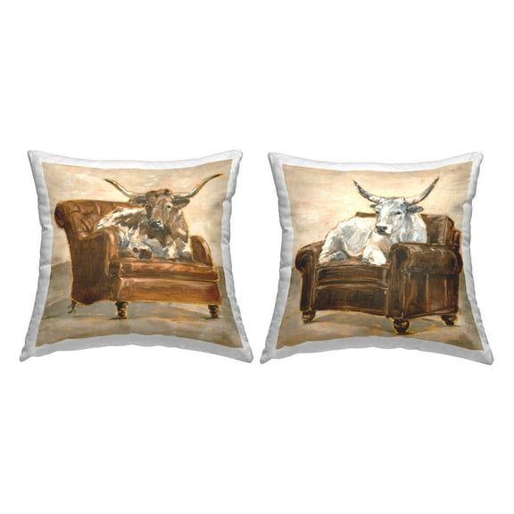 Stupell Industries Country Cattle Long Horns on Chairs Rustic Brown, 18 x 7 x 18, Decorative Pillows, (Set of 2)